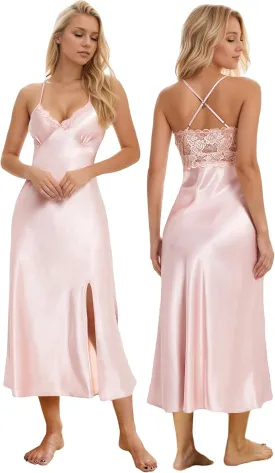 ALCEA ROSEA Women Silk Satin Nightgown Sexy Lace Chemise Lingerie Long Sleepdress for Ladies Sleepwear Slip Negligee