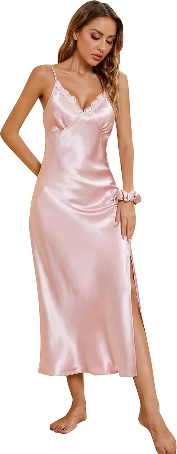 ALCEA ROSEA Women Silk Satin Nightgown Sexy Lace Chemise Lingerie Long Sleepdress for Ladies Sleepwear Slip Negligee