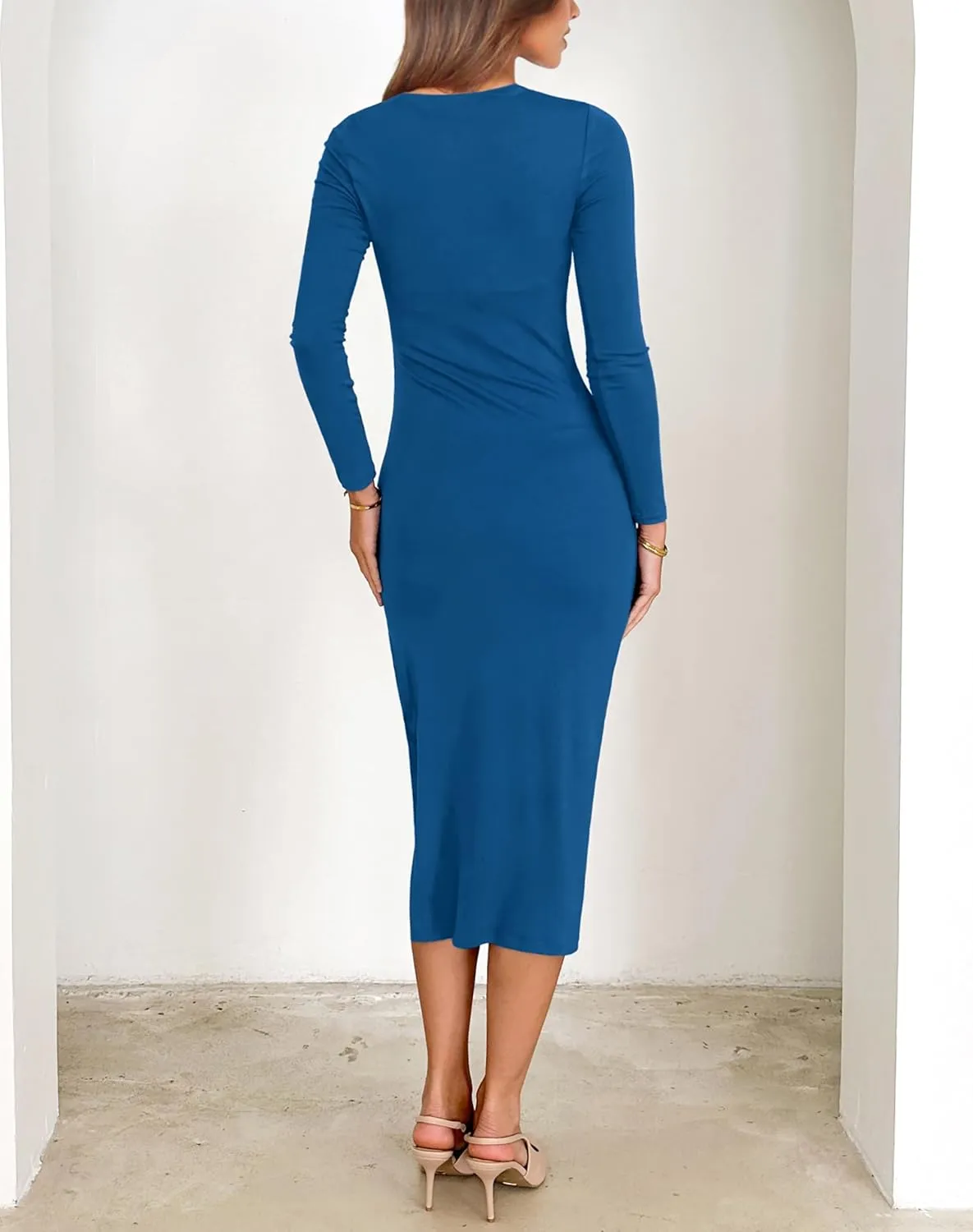 Annebouti Women's Winter Spring Long Sleeve Wedding Guest Dress Ruched Side Slit Bodycon Cocktail Party Midi Dress