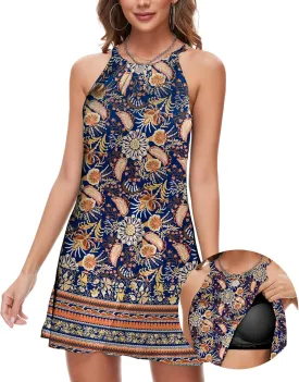 ANYFITTING Summer Dress with Built in Bra Casual Beach Sundress Flowy Halter Mini Short Dresses for Women 2025