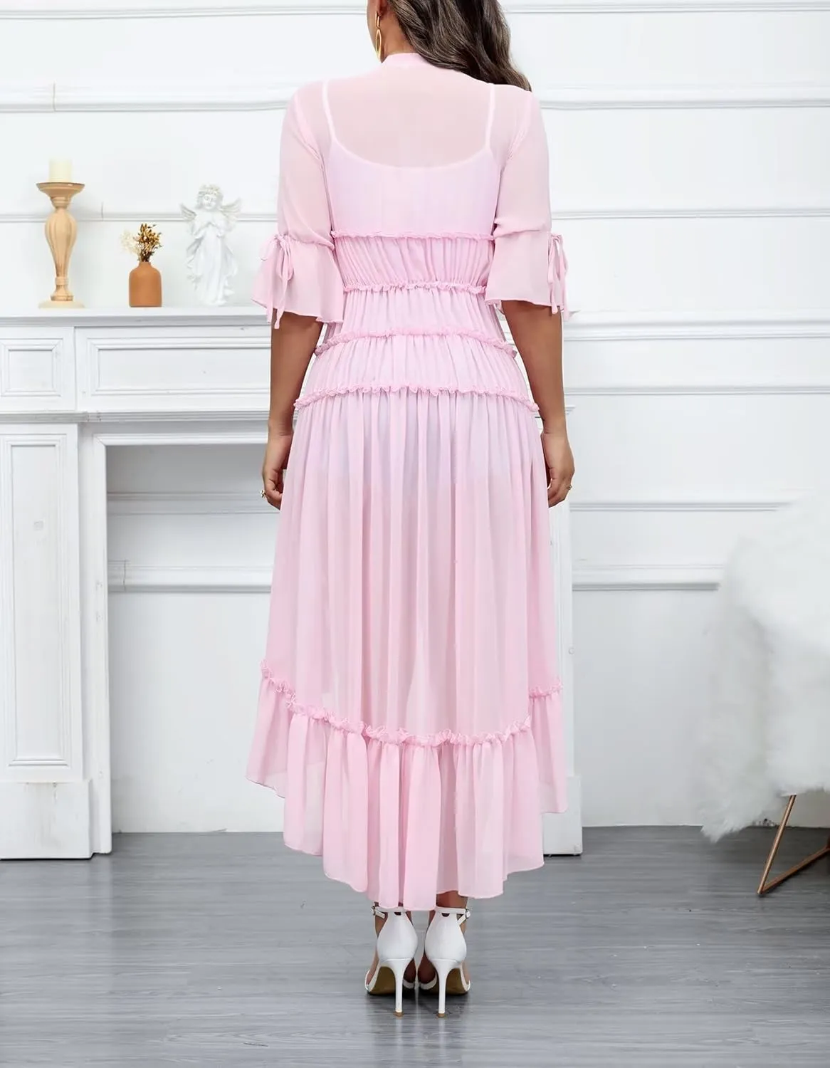 Aro Lora Women's Button Down Shirt Dress Sheer Chiffon V Neck Asymmetrical Ruffle Summer Beach Maxi Dress