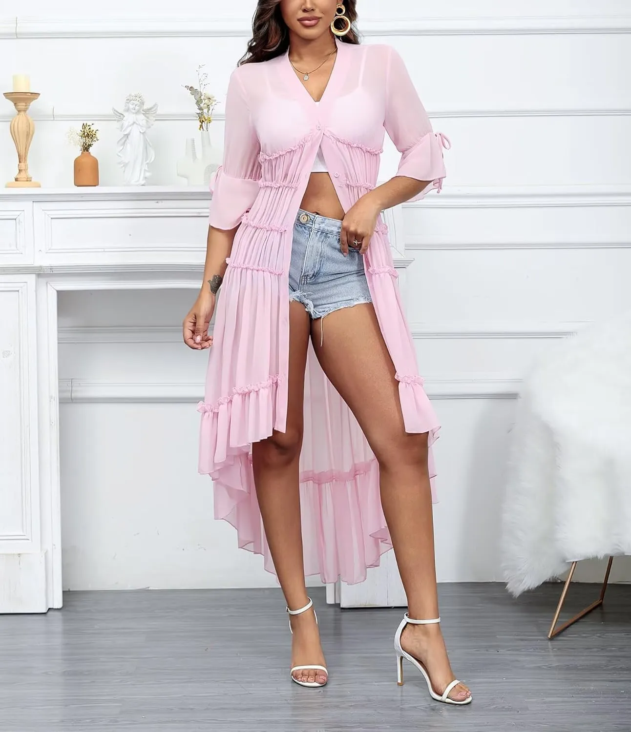 Aro Lora Women's Button Down Shirt Dress Sheer Chiffon V Neck Asymmetrical Ruffle Summer Beach Maxi Dress