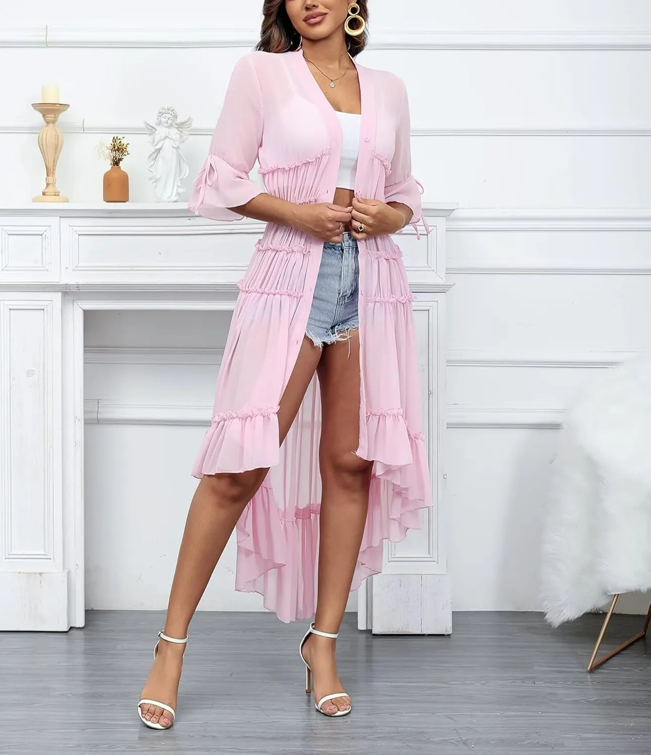 Aro Lora Women's Button Down Shirt Dress Sheer Chiffon V Neck Asymmetrical Ruffle Summer Beach Maxi Dress