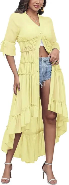 Aro Lora Women's Button Down Shirt Dress Sheer Chiffon V Neck Asymmetrical Ruffle Summer Beach Maxi Dress