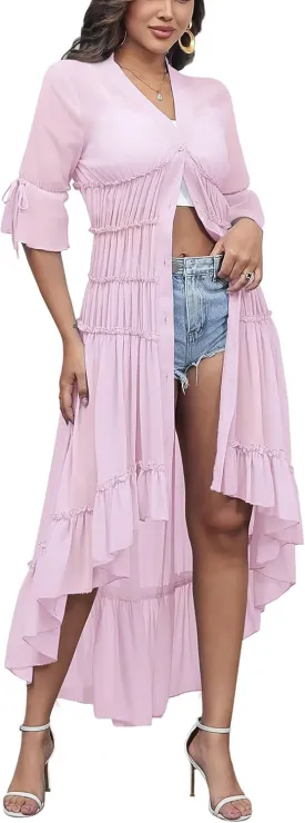 Aro Lora Women's Button Down Shirt Dress Sheer Chiffon V Neck Asymmetrical Ruffle Summer Beach Maxi Dress