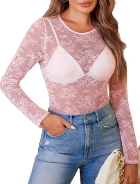 Avidlove Lace Mesh Top for Women Long Sleeve Crew Neck Sheer Blouse See Through Floral Lace Tops