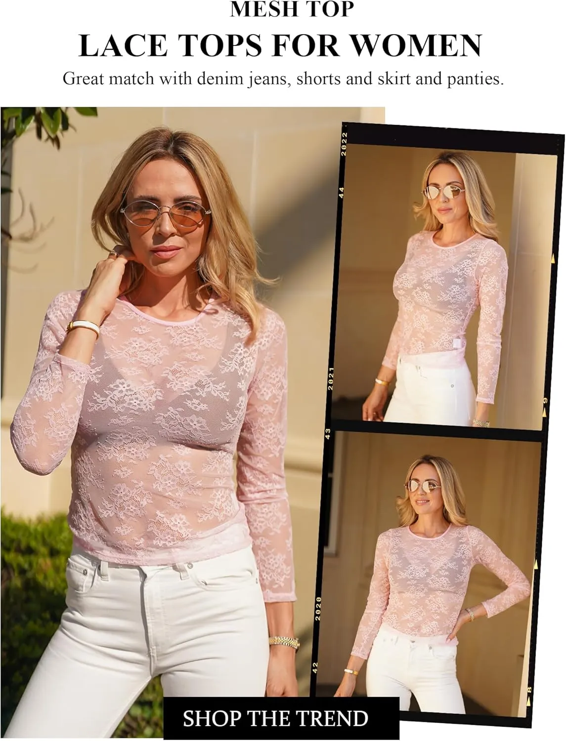 Avidlove Lace Mesh Top for Women Long Sleeve Crew Neck Sheer Blouse See Through Floral Lace Tops
