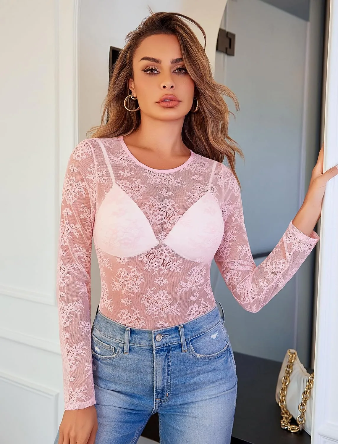Avidlove Lace Mesh Top for Women Long Sleeve Crew Neck Sheer Blouse See Through Floral Lace Tops