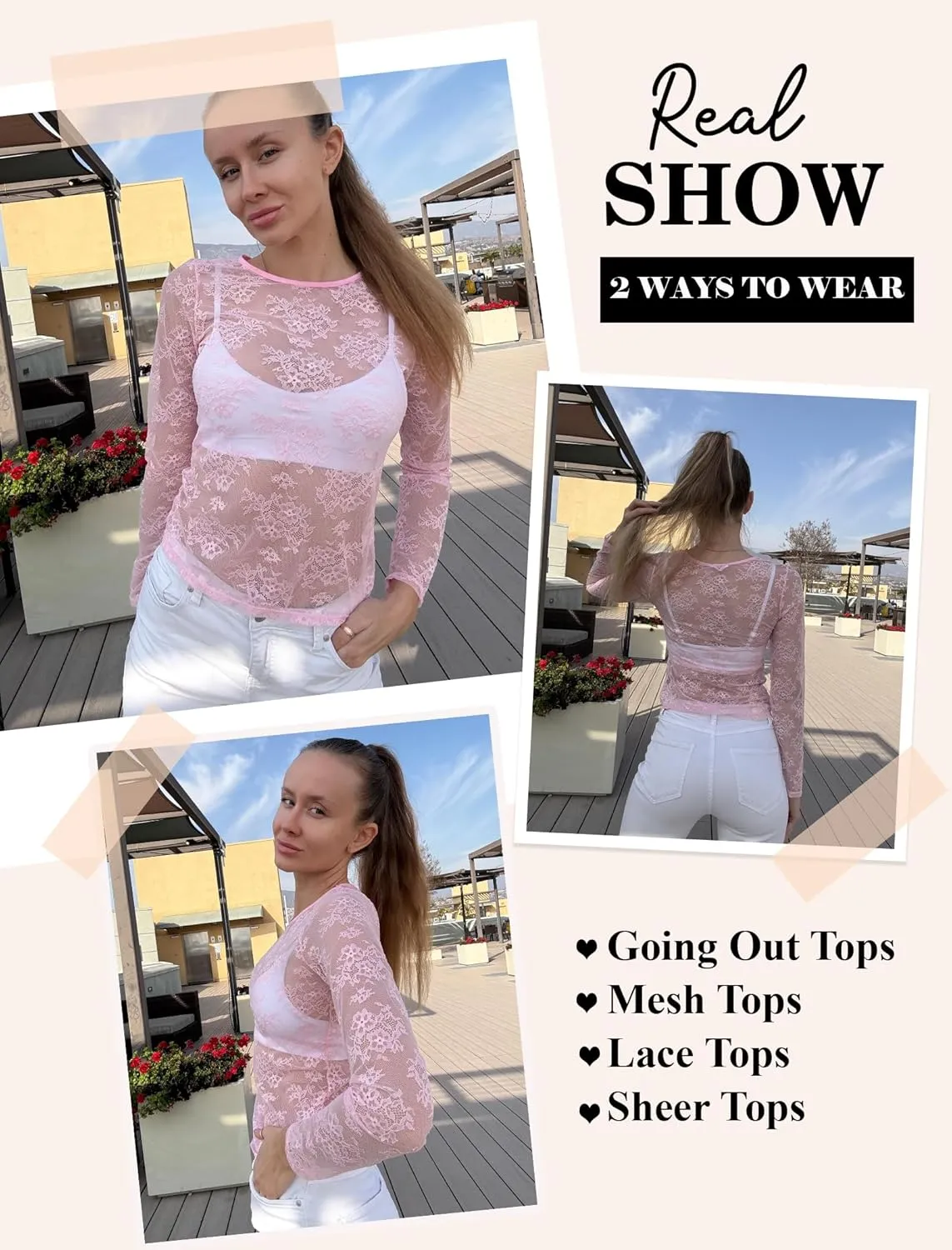 Avidlove Lace Mesh Top for Women Long Sleeve Crew Neck Sheer Blouse See Through Floral Lace Tops