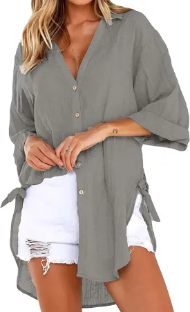 Bozanly Casual V Neck 3/4 Sleeve Button Down Shirts High Low Oversized Summer Beach Blouse Tops for Women