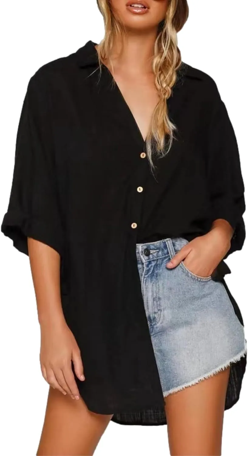 Bozanly Casual V Neck 3/4 Sleeve Button Down Shirts High Low Oversized Summer Beach Blouse Tops for Women