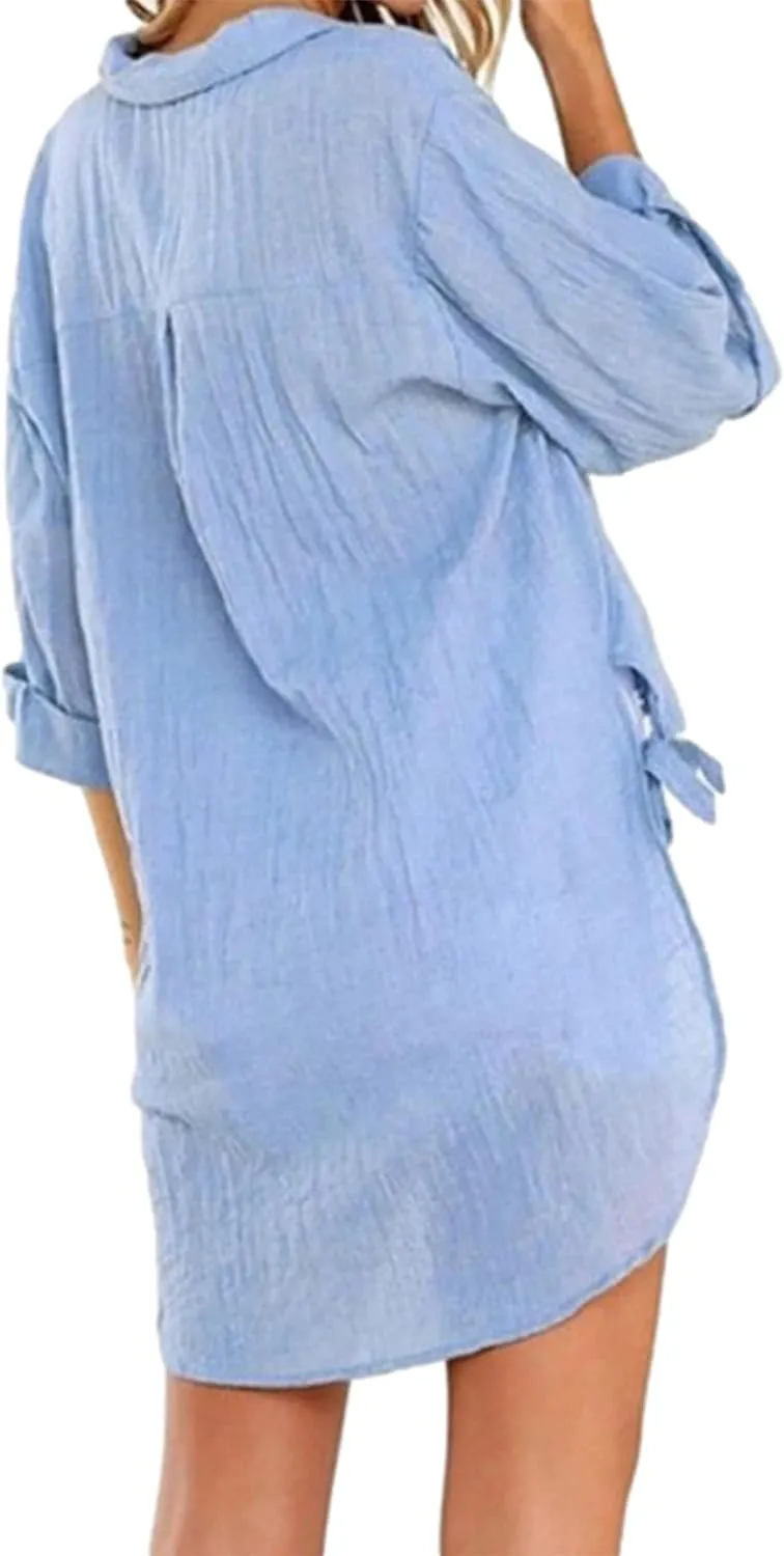 Bozanly Casual V Neck 3/4 Sleeve Button Down Shirts High Low Oversized Summer Beach Blouse Tops for Women