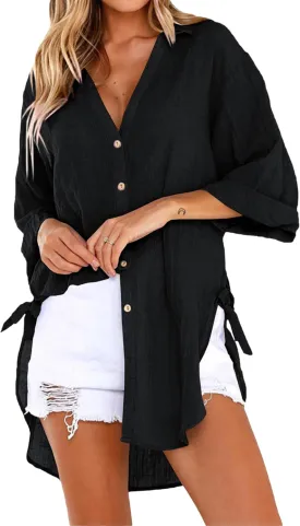 Bozanly Casual V Neck 3/4 Sleeve Button Down Shirts High Low Oversized Summer Beach Blouse Tops for Women