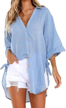 Bozanly Casual V Neck 3/4 Sleeve Button Down Shirts High Low Oversized Summer Beach Blouse Tops for Women