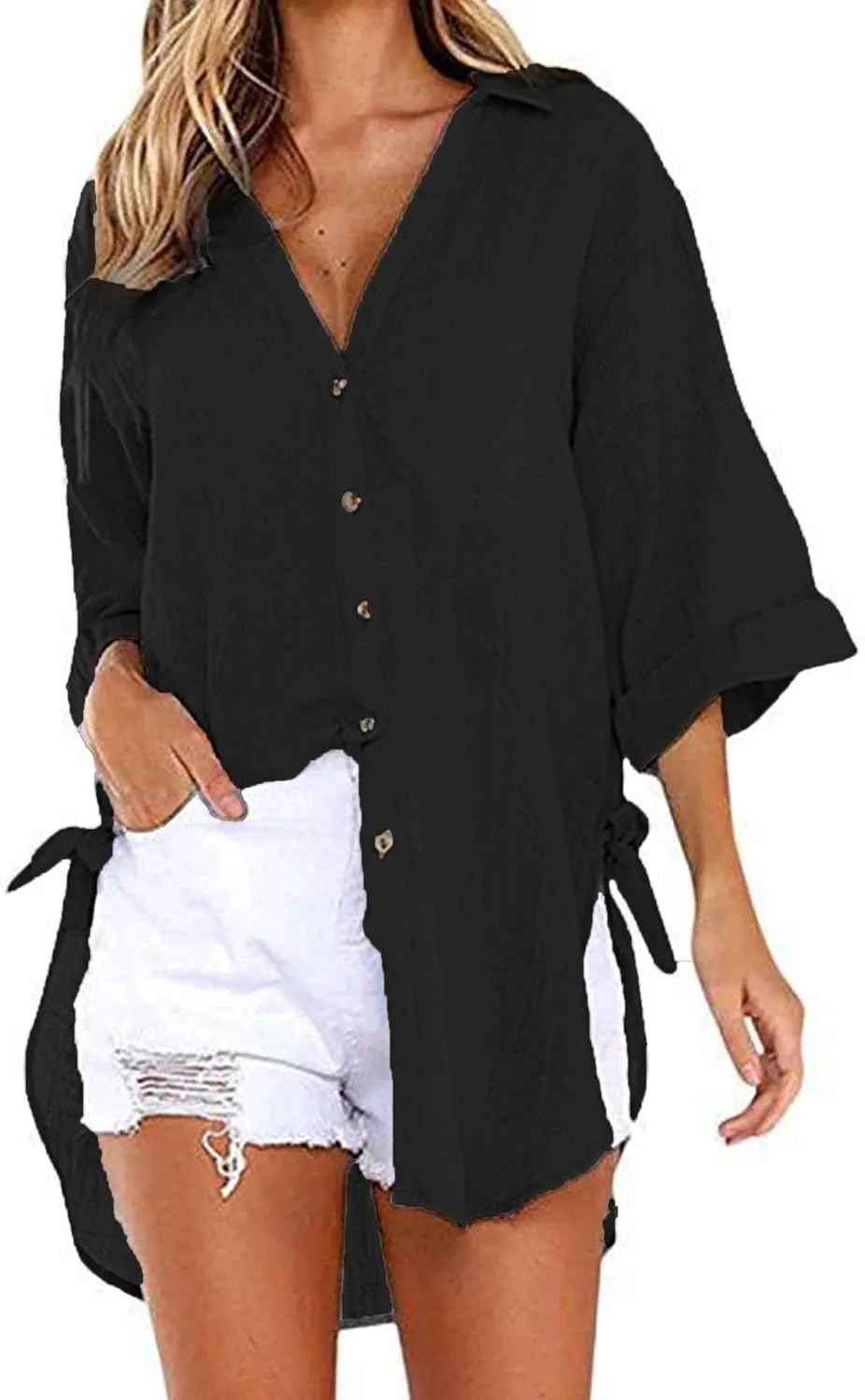 Bozanly Casual V Neck 3/4 Sleeve Button Down Shirts High Low Oversized Summer Beach Blouse Tops for Women