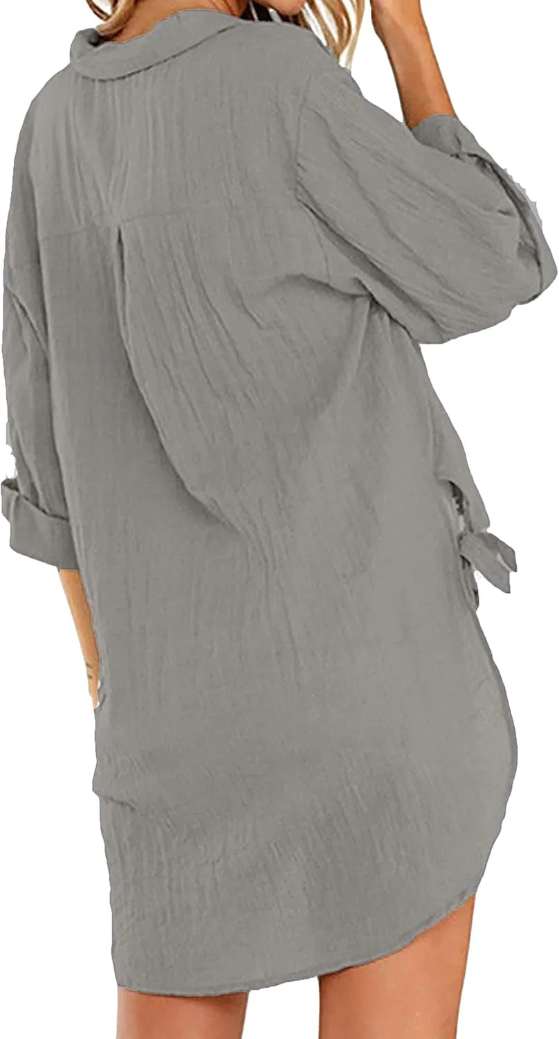 Bozanly Casual V Neck 3/4 Sleeve Button Down Shirts High Low Oversized Summer Beach Blouse Tops for Women