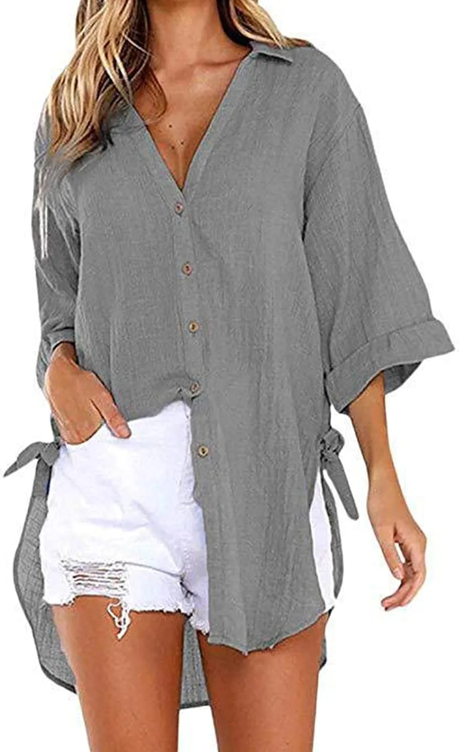 Bozanly Casual V Neck 3/4 Sleeve Button Down Shirts High Low Oversized Summer Beach Blouse Tops for Women