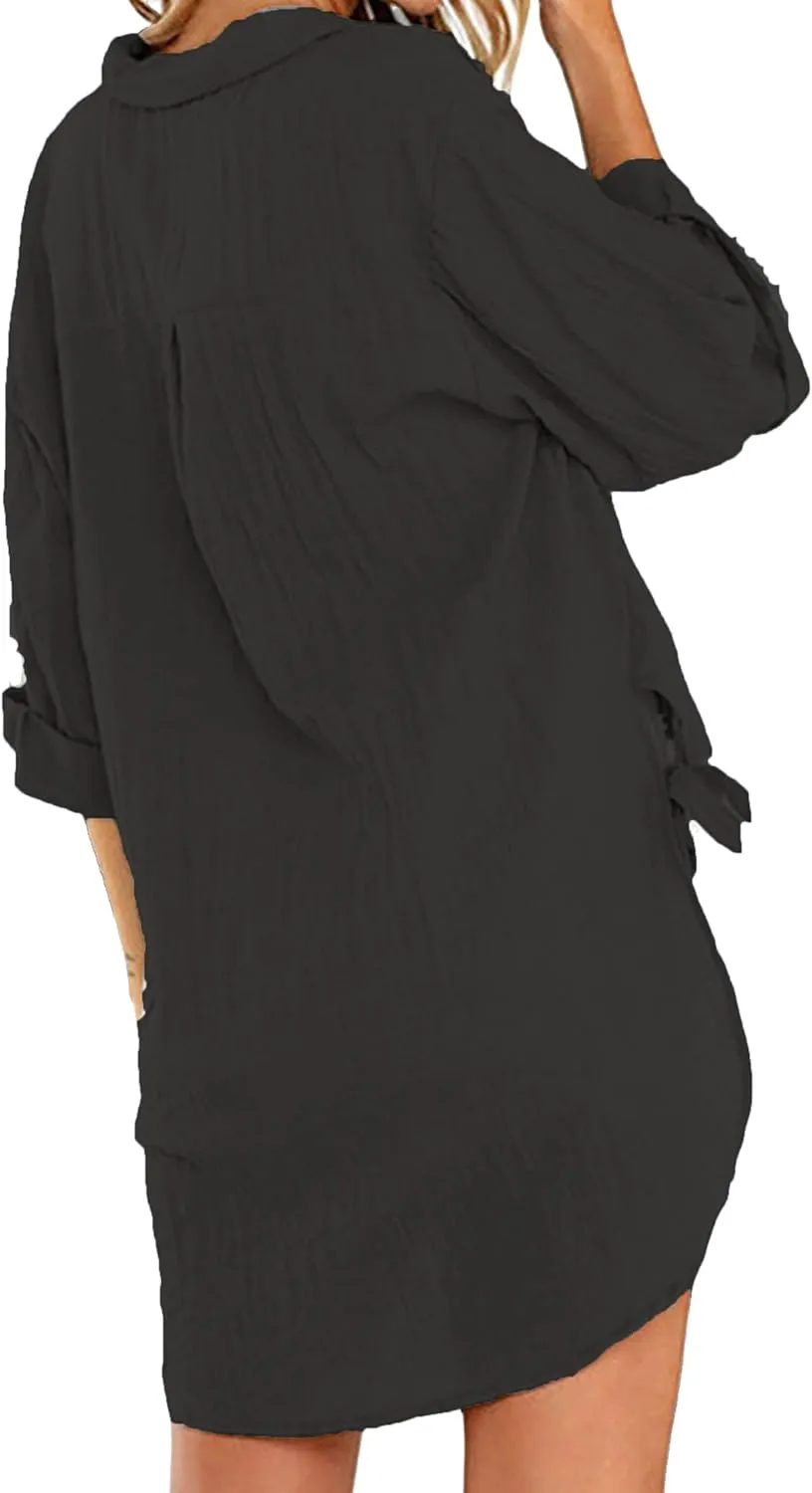 Bozanly Casual V Neck 3/4 Sleeve Button Down Shirts High Low Oversized Summer Beach Blouse Tops for Women