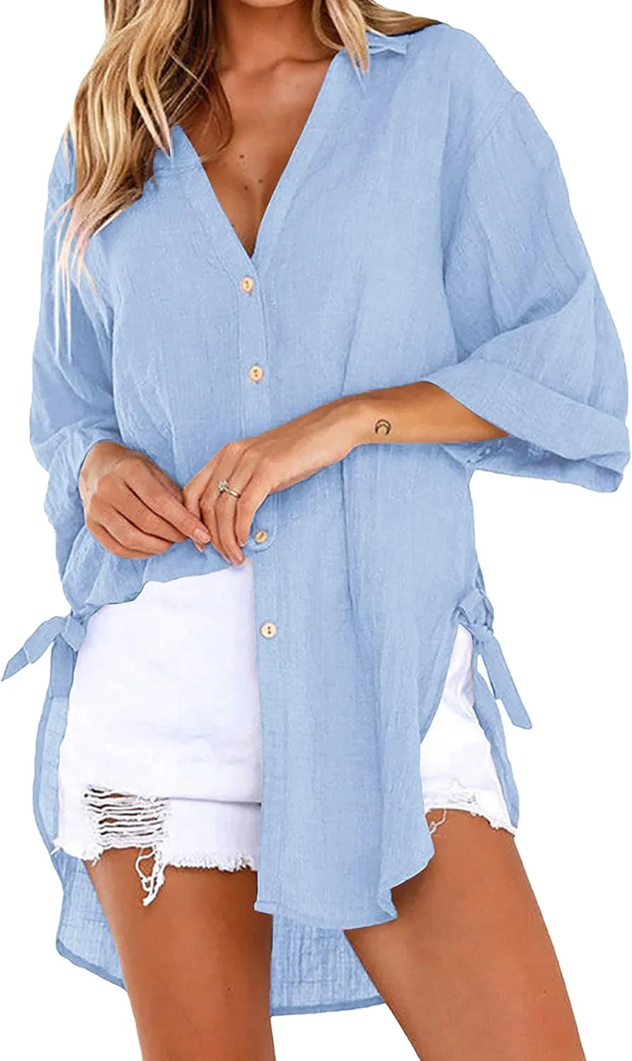 Bozanly Casual V Neck 3/4 Sleeve Button Down Shirts High Low Oversized Summer Beach Blouse Tops for Women