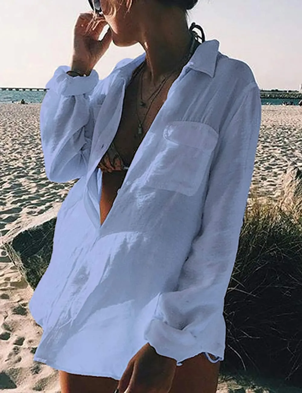 Bsubseach Women Long Sleeve Beach Shirt Blouses Bathing Suit Cover Up Button Down Collar