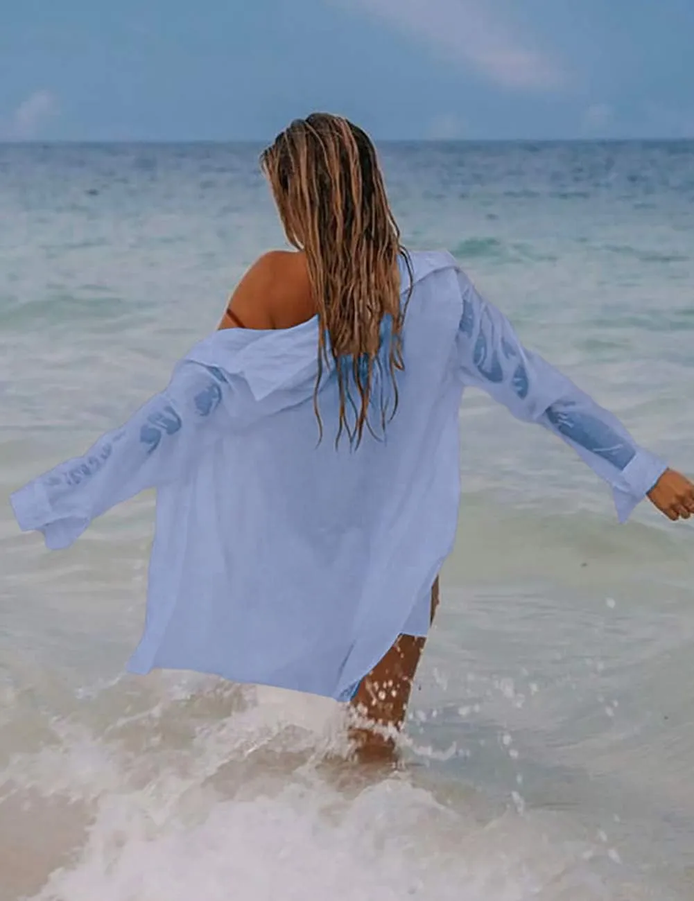 Bsubseach Women Long Sleeve Beach Shirt Blouses Bathing Suit Cover Up Button Down Collar