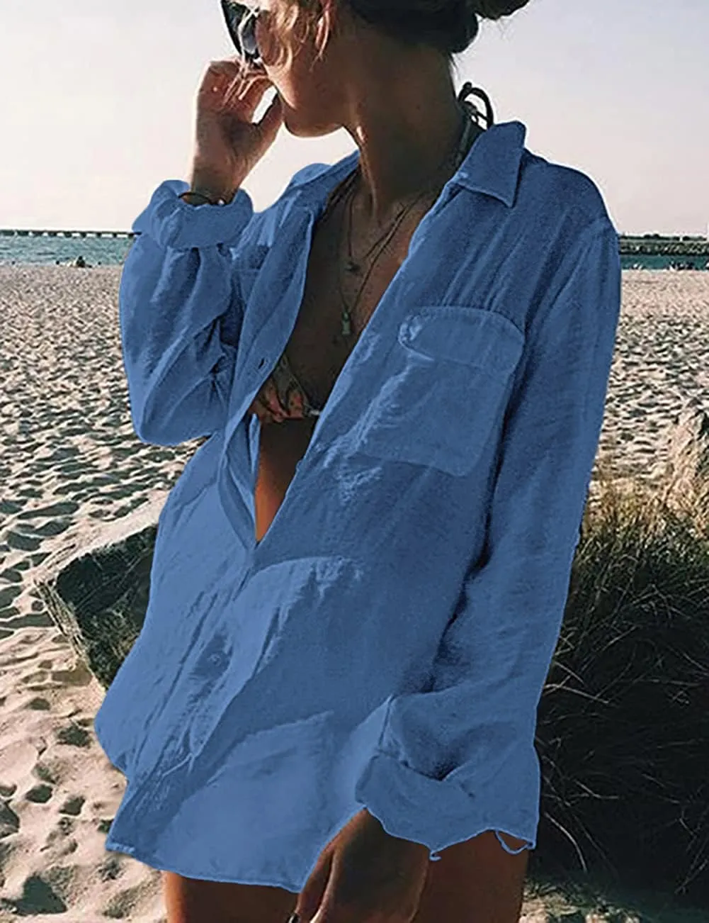 Bsubseach Women Long Sleeve Beach Shirt Blouses Bathing Suit Cover Up Button Down Collar