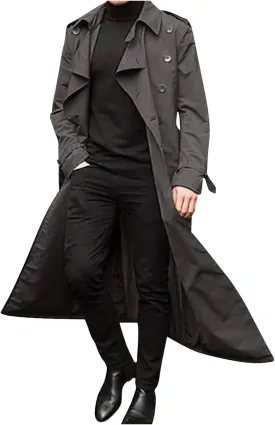 Ctreela Mens Long Trench Coat Business Casual Double Breasted Overcoat Fall Winter Solid Color Windbreaker Lapel Outwear