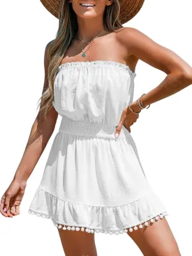CUPSHE Women's Swimsuit Coverup Strapless Tube Dress Smocked Pom Pom Casual Beach Sundress