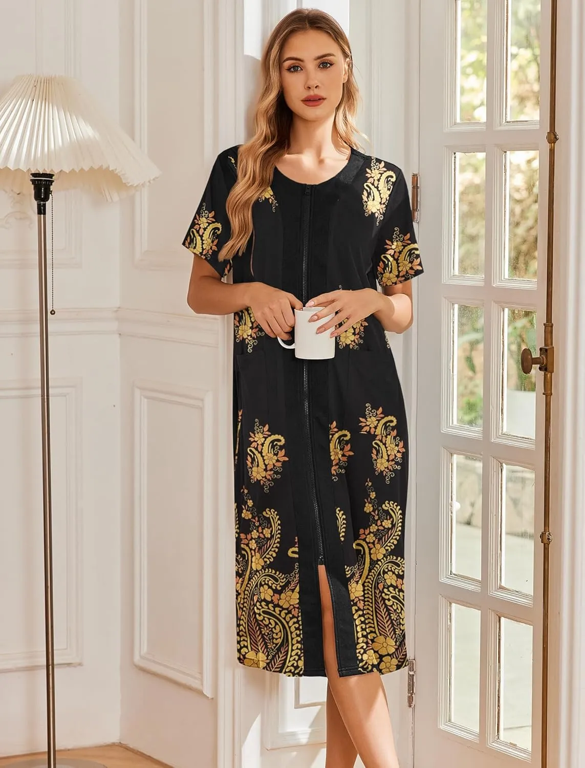 Ekouaer Robes For Women Zipper Front Bathrobe Short Sleeve House Coat Long Nightgown With Pockets Soft Loungewear