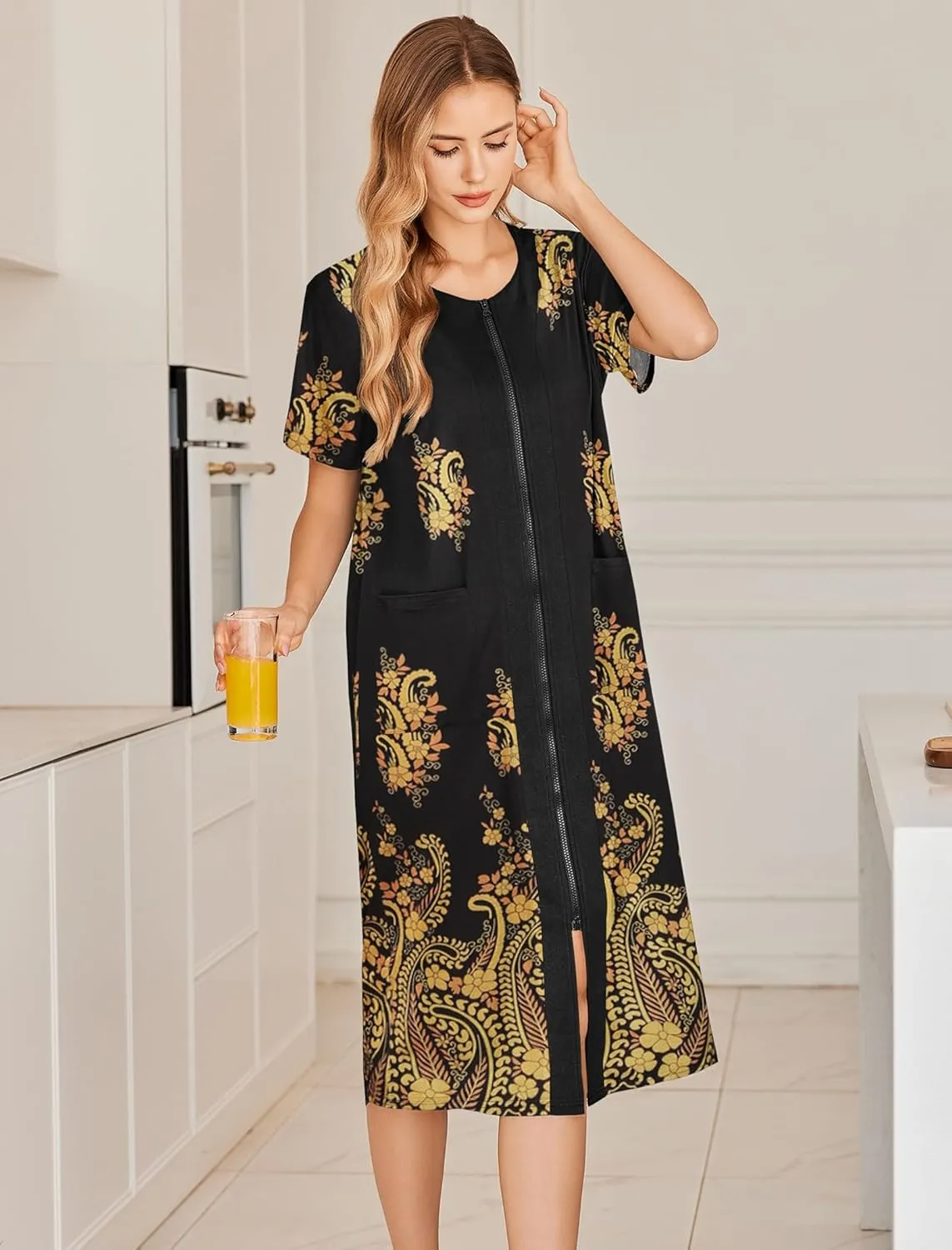 Ekouaer Robes For Women Zipper Front Bathrobe Short Sleeve House Coat Long Nightgown With Pockets Soft Loungewear