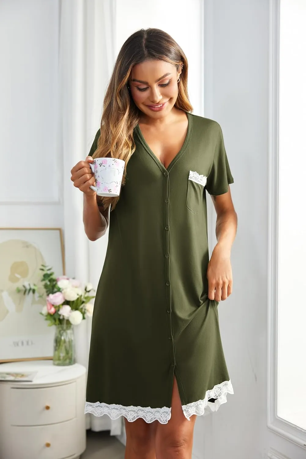 Ekouaer Women Striped Nightgowns Button Down Sleepshirts Short Sleeves Nightshirts