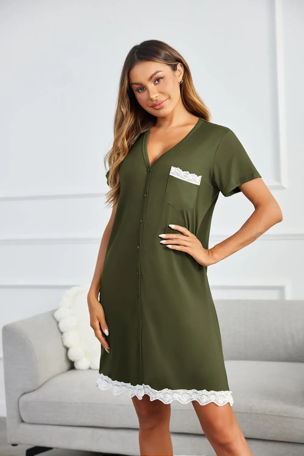 Ekouaer Women Striped Nightgowns Button Down Sleepshirts Short Sleeves Nightshirts