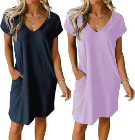 Ekouaer Womens 2 Pack Nightgown V Neck Sleepshirt Short Sleeve Nightshirt Plain/Floral Pajama Dress with Pockets