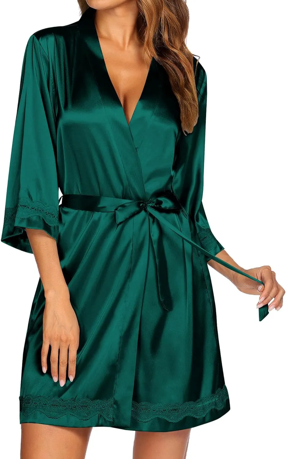 Ekouaer Women's Lace-Trim Silk Robes Bride Bridesmaid Kimono Satin Bathrobe V Neck Sleepwear with 3/4 Sleeve