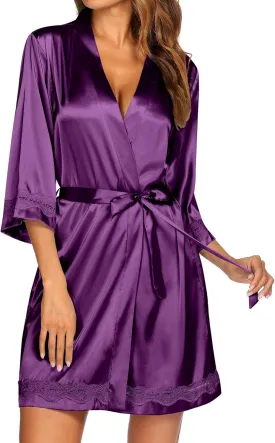 Ekouaer Women's Lace-Trim Silk Robes Bride Bridesmaid Kimono Satin Bathrobe V Neck Sleepwear with 3/4 Sleeve