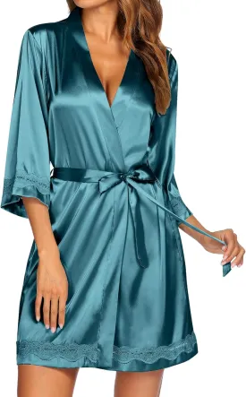 Ekouaer Women's Lace-Trim Silk Robes Bride Bridesmaid Kimono Satin Bathrobe V Neck Sleepwear with 3/4 Sleeve