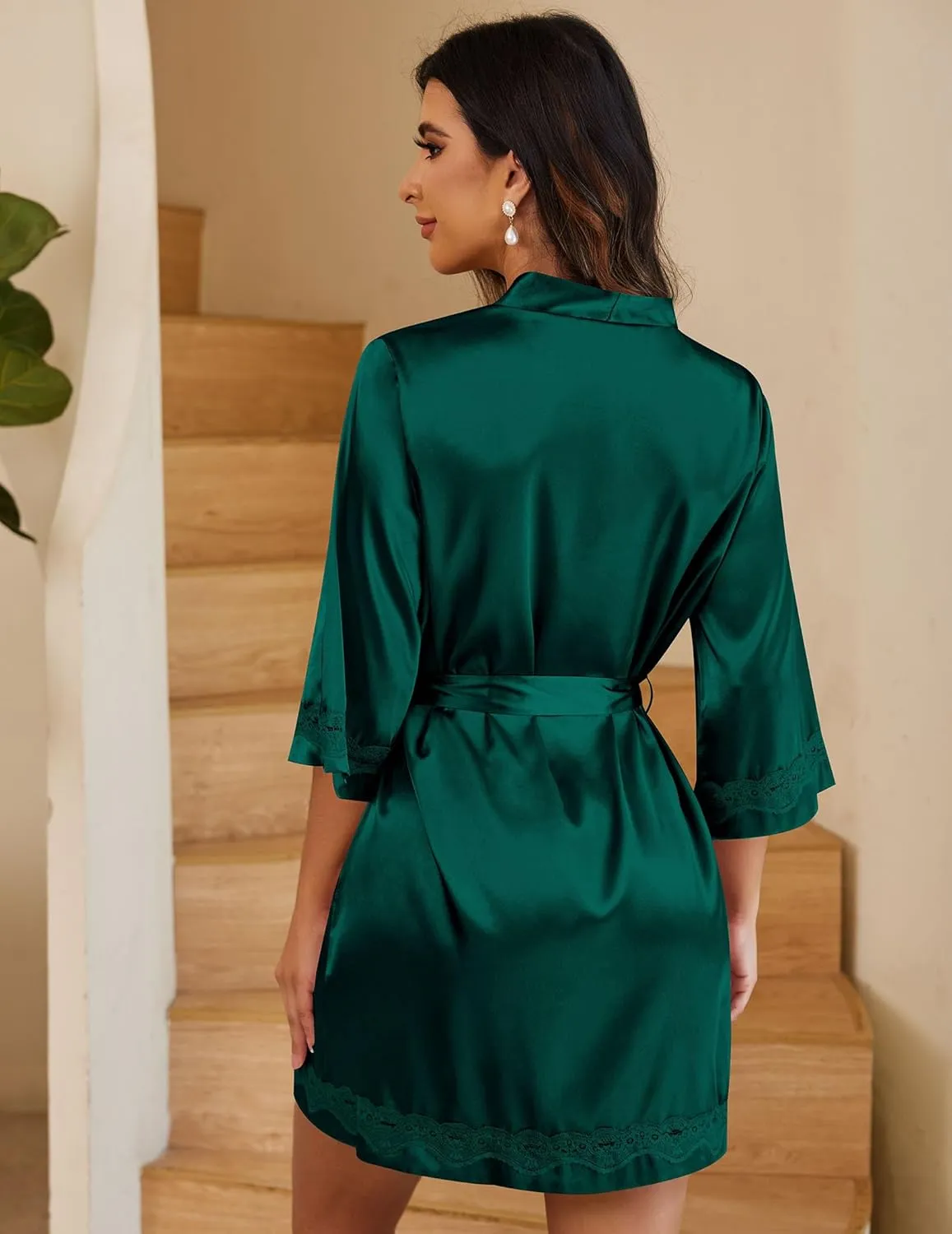 Ekouaer Women's Lace-Trim Silk Robes Bride Bridesmaid Kimono Satin Bathrobe V Neck Sleepwear with 3/4 Sleeve