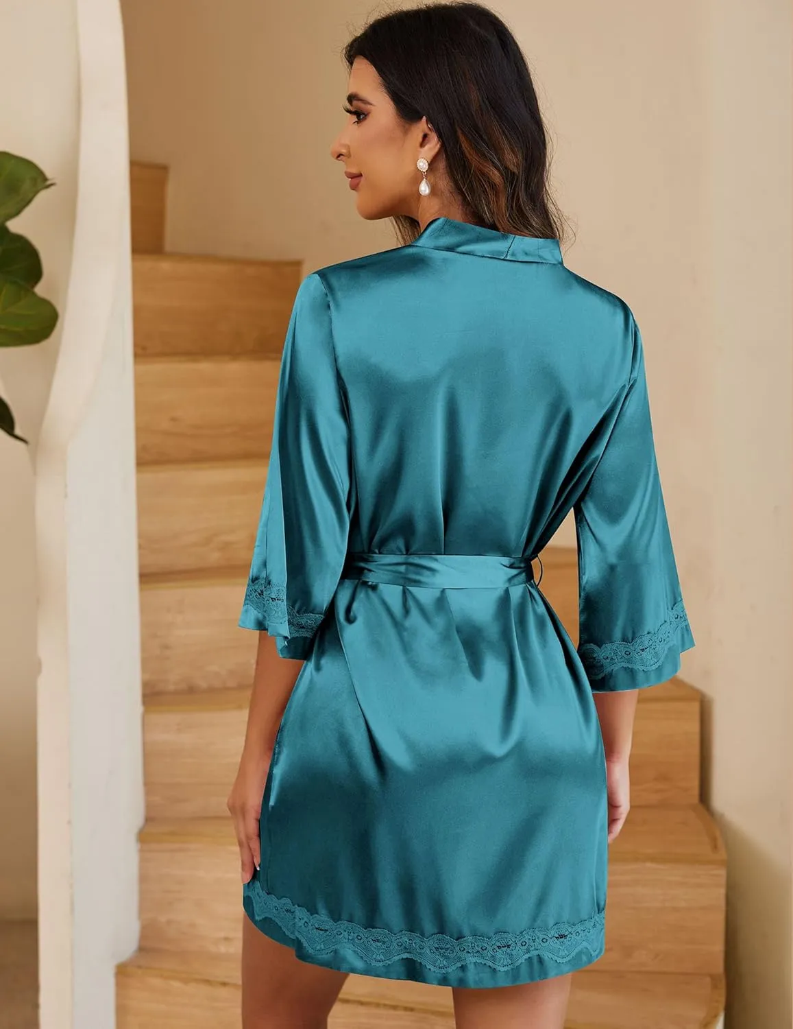 Ekouaer Women's Lace-Trim Silk Robes Bride Bridesmaid Kimono Satin Bathrobe V Neck Sleepwear with 3/4 Sleeve