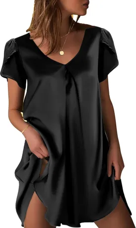 Ekouaer Women's Satin Nightgown Short Sleeve Sleepdress V-Neck Sleepwear Loose Silk Sleepshirt