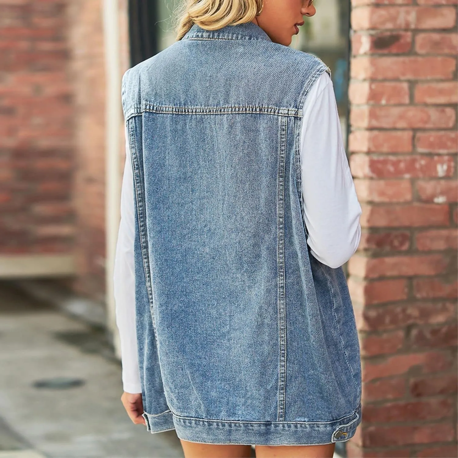 FindThy Womens Vintage Denim Jean Vest Oversized Button Down Jean Waistcoat Gilet
