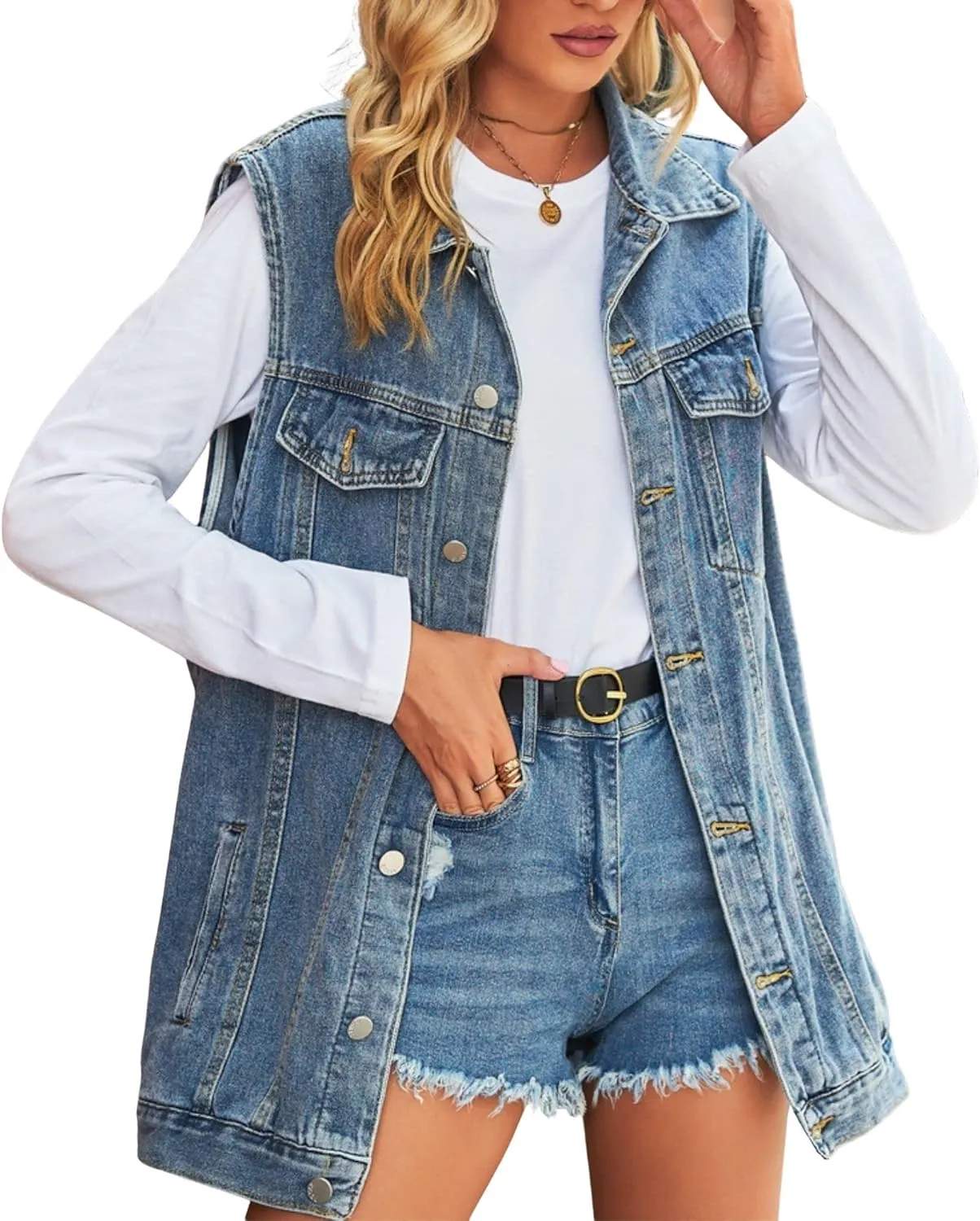 FindThy Womens Vintage Denim Jean Vest Oversized Button Down Jean Waistcoat Gilet