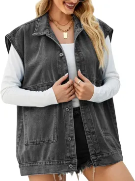 FindThy Womens Vintage Denim Jean Vest Oversized Button Down Jean Waistcoat Gilet