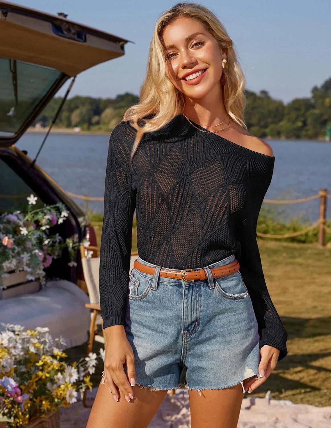 GRACE KARIN Women's 2025 Spring Summer Long Sleeve Crochet Pullover Sweater Hollow Out Knit Tops Off Shoulder T-Shirts