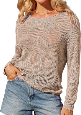 GRACE KARIN Women's 2025 Spring Summer Long Sleeve Crochet Pullover Sweater Hollow Out Knit Tops Off Shoulder T-Shirts