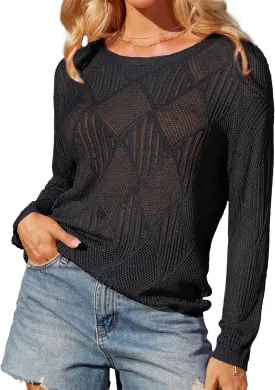 GRACE KARIN Women's 2025 Spring Summer Long Sleeve Crochet Pullover Sweater Hollow Out Knit Tops Off Shoulder T-Shirts
