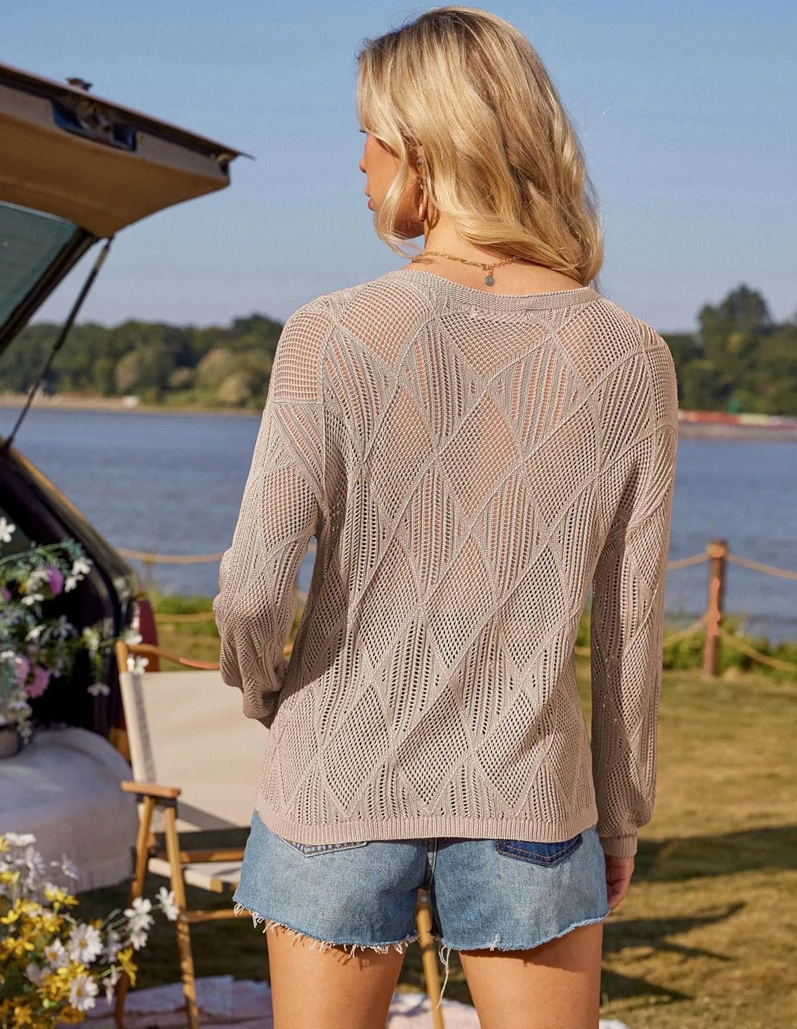 GRACE KARIN Women's 2025 Spring Summer Long Sleeve Crochet Pullover Sweater Hollow Out Knit Tops Off Shoulder T-Shirts