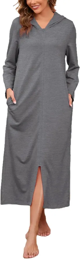 HALCYEEN Womens Hooded Zipper Bathrobe Long Sleeve House Coat Full Length Nightgown with Pockets S-XXL