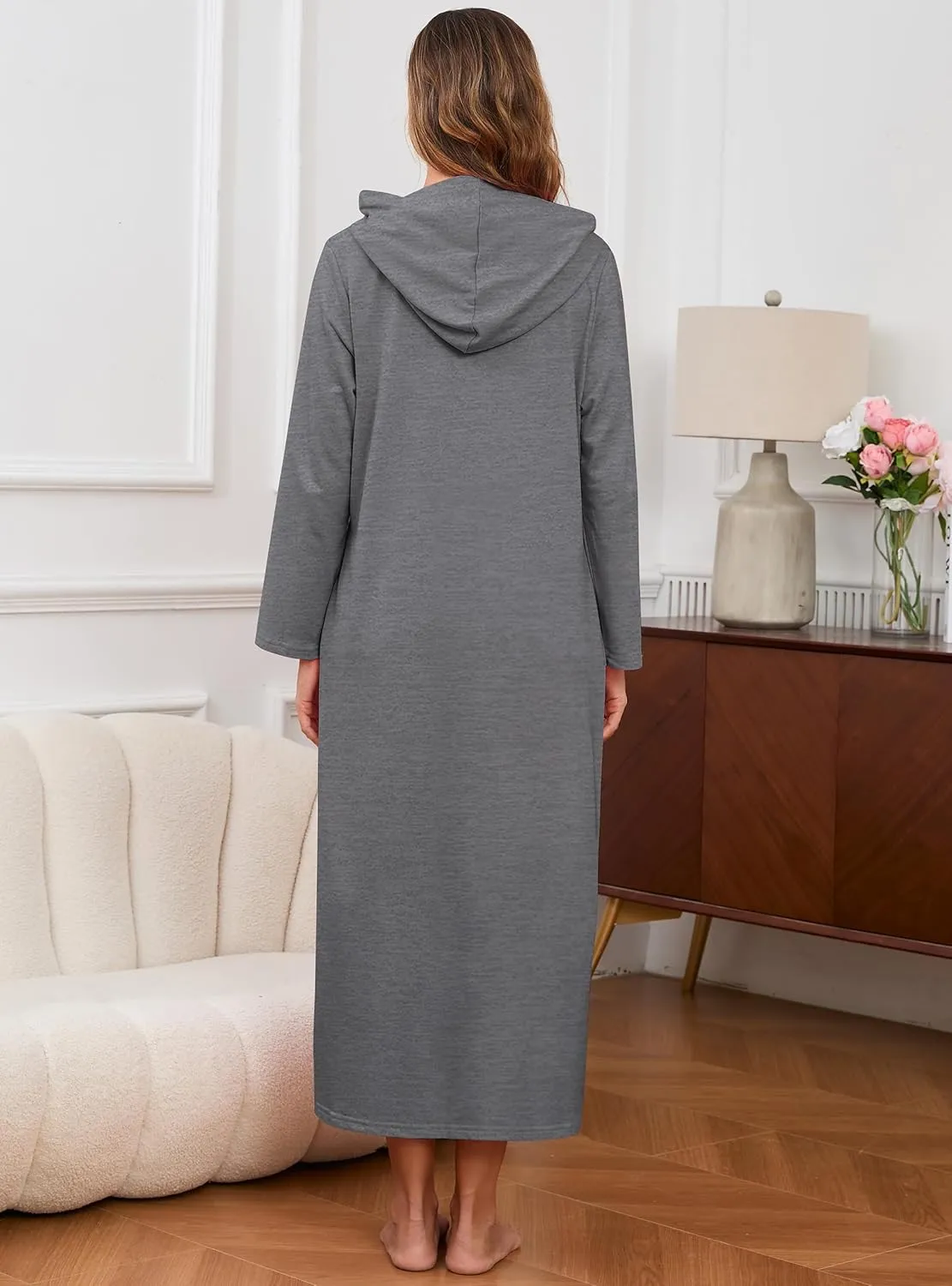 HALCYEEN Womens Hooded Zipper Bathrobe Long Sleeve House Coat Full Length Nightgown with Pockets S-XXL