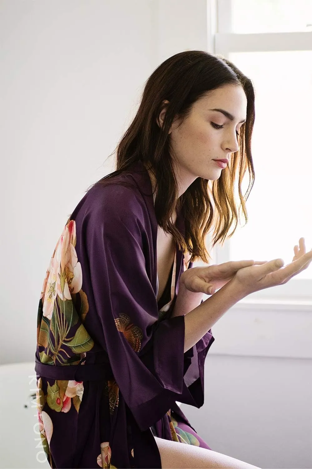 KIM ONO Women's Charmeuse Kimono Robe Long - Watercolor Floral