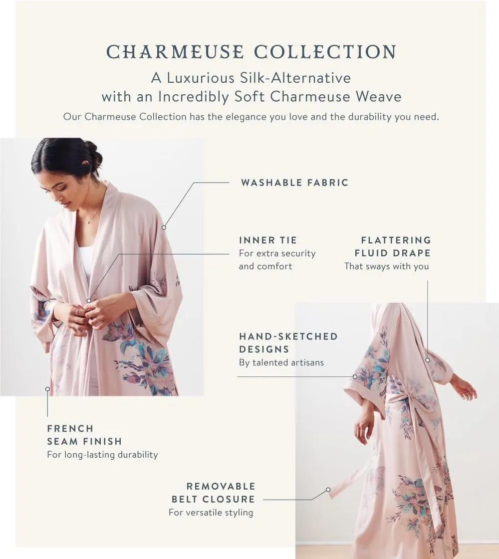 KIM ONO Women's Charmeuse Kimono Robe Long - Watercolor Floral